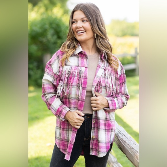 Haptics Tops - **NWT** Haptics Magenta Fringe Plaid Shacket